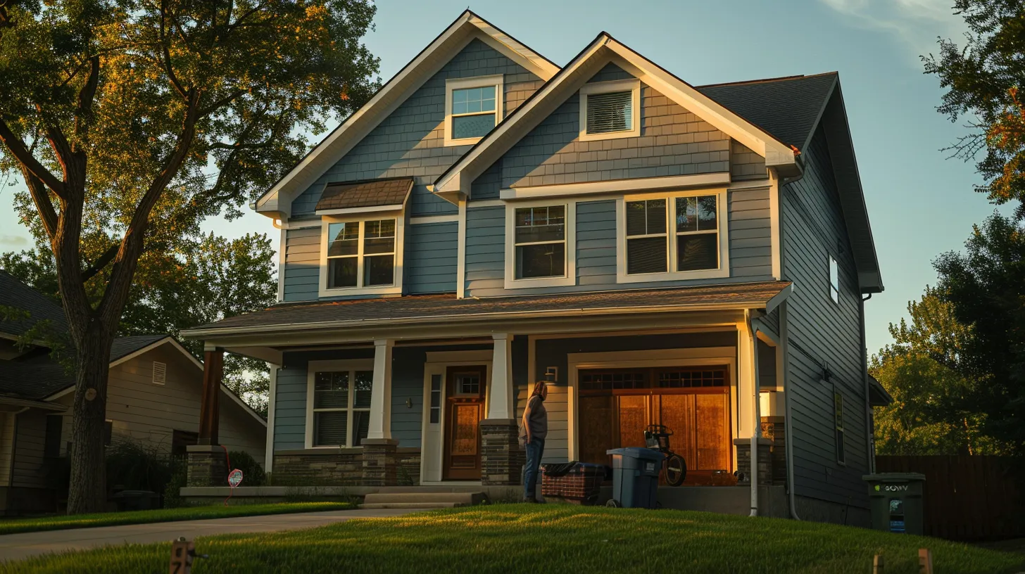 a confident homeowner inspects a beautifully installed siding on a charming omaha house, showcasing the expert craftsmanship and vibrant colors under a warm afternoon light.
