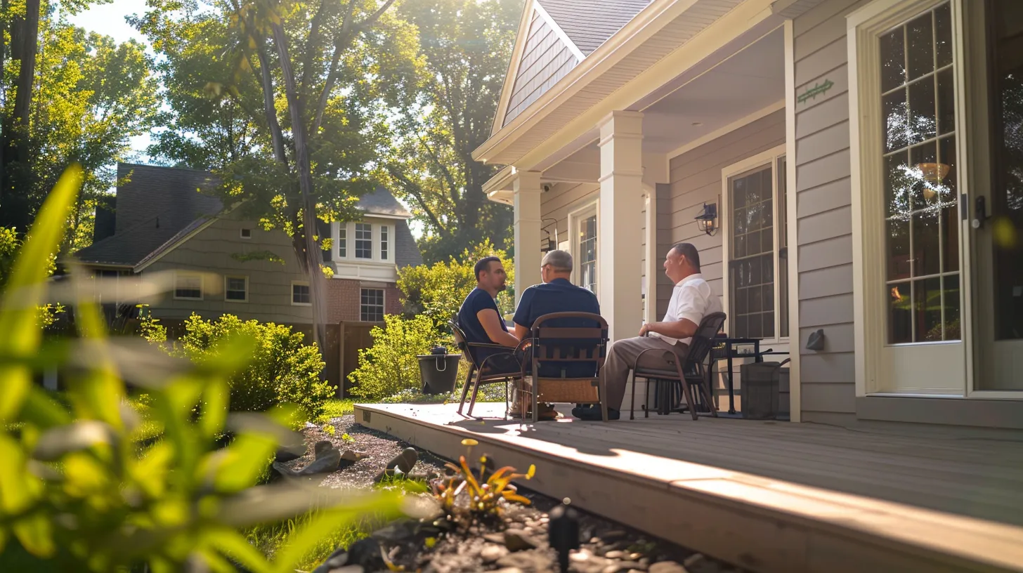 a focused image captures a warm and inviting meeting between a homeowner and a siding installation contractor, set against the backdrop of a beautifully renovated home, showcasing clear communication and mutual respect in a sunlit outdoor space.