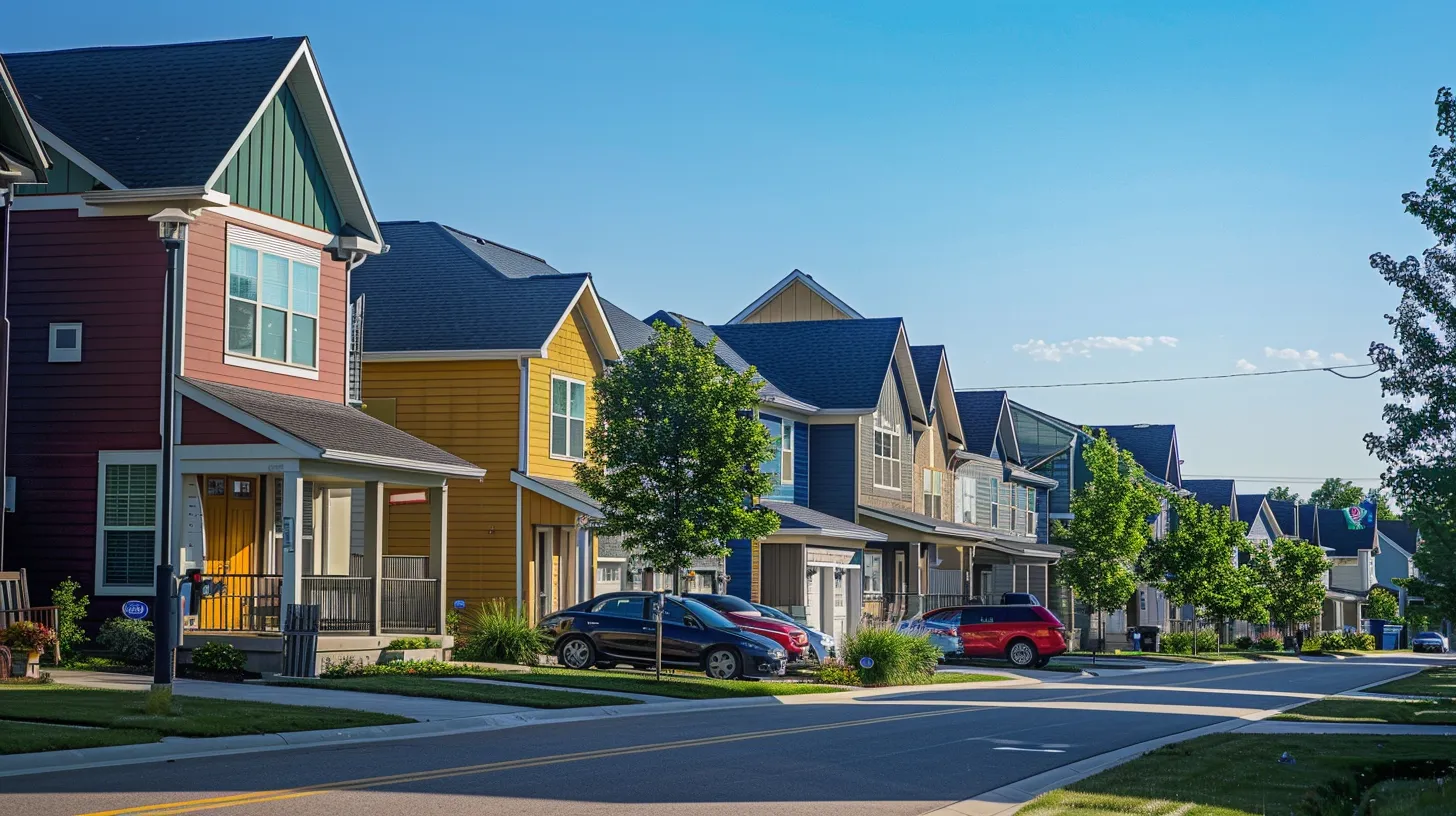 a vibrant street scene in omaha showcases diverse homes with newly installed siding, highlighting the striking transformations and curb appeal that quality materials bring to residential facades.