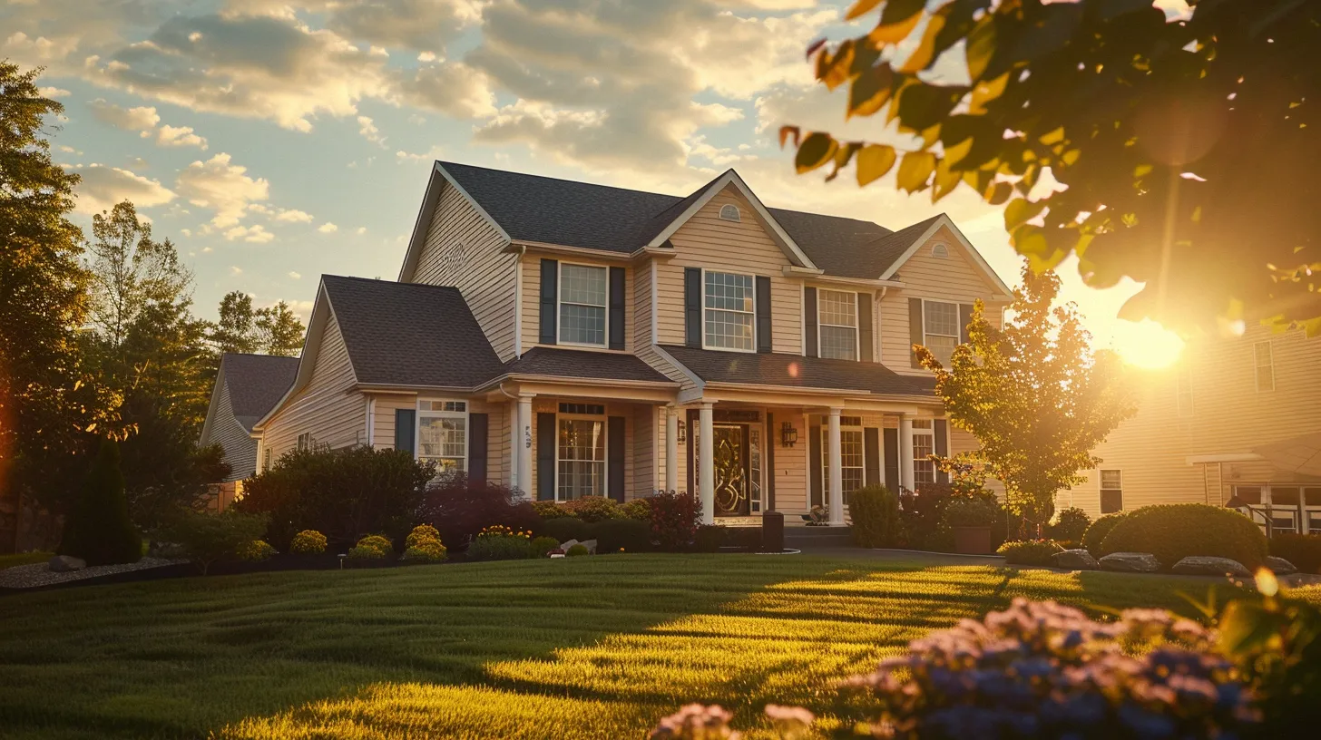 a radiant suburban home showcases freshly installed siding, highlighting its durability and elegance under soft, golden sunlight, while a friendly contractor discusses warranty and aftercare options with a satisfied homeowner.