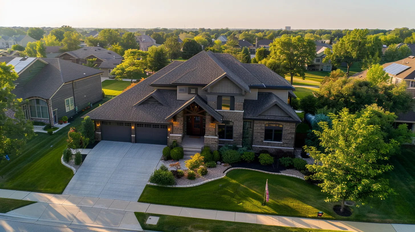 a stunning aerial view of a suburban omaha neighborhood showcases a vibrant landscape of well-maintained homes with various siding designs, highlighting the importance of local regulations and harmonious community aesthetics.
